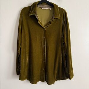 Soft Surroundings Olive Green Velvet Button Down Blouse Size PL
